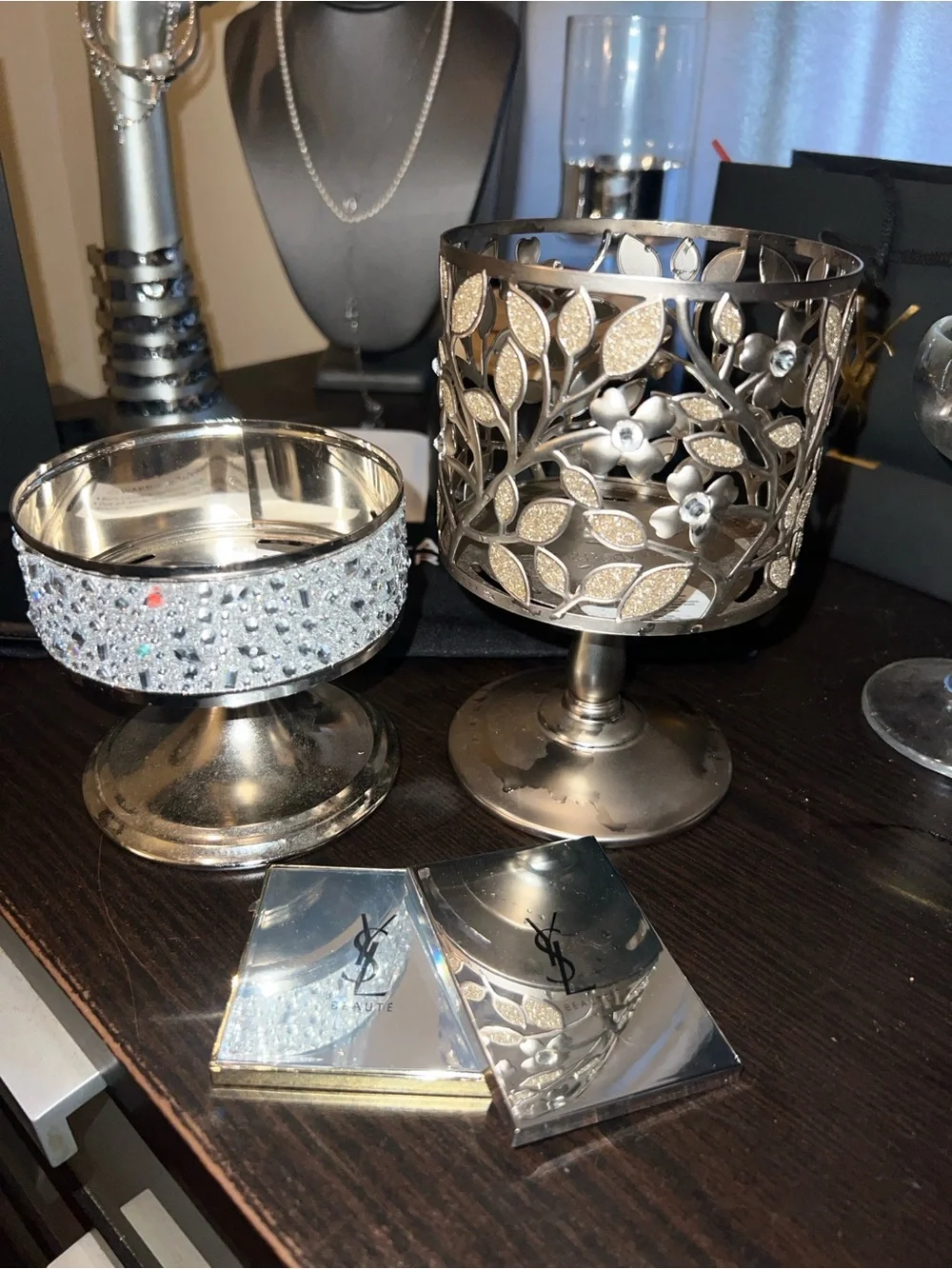 Bath & Body Works Silver Dogwood Candle Pedestal &Bejeweled Silver Candle Holder - Picture 4 of 15